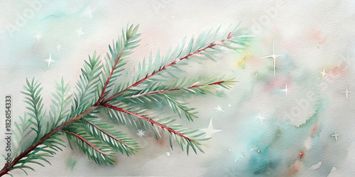 watercolor illustration of a single evergreen fir branch set against a soft, ethereal background blending pastel blue, green, and pink with subtle glitter and snowflake details