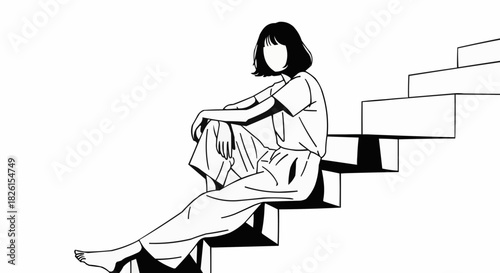 Monochrome Illustration of a Woman Sitting on Stairs in Simple Style.