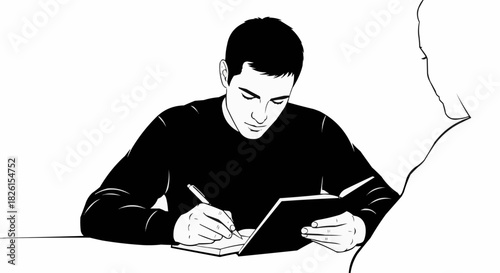 Man diligently writing in notebook, focused and concentrated on his work.
