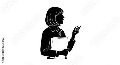 Silhouette of a woman in business attire holding documents and speaking.