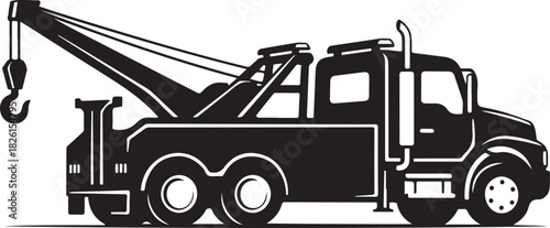 Heavy duty tow truck with crane and hook side view silhouette