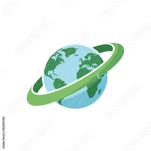 Illustration of a green ring encircling a blue and green globe on a white background with a simple graphic design.
