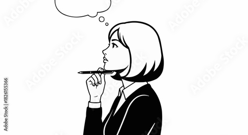 Black and white line art illustration of a businesswoman thinking.