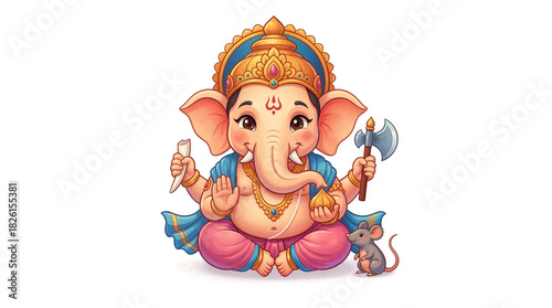 Cute Cartoon Lord Ganesha Illustration with Mouse on White Background