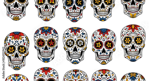 Day of the Dead Sugar Skulls Seamless Pattern, Dia de los Muertos Background Vector Illustration