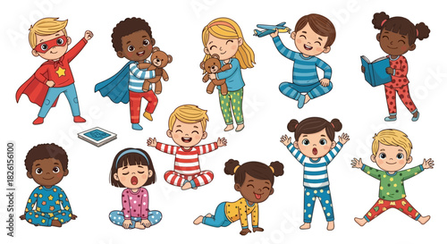 Diverse children in pajamas vector illustration set, cute kids bedtime and pajama party