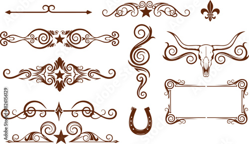 Vintage Western ornamental dividers, borders, set eps