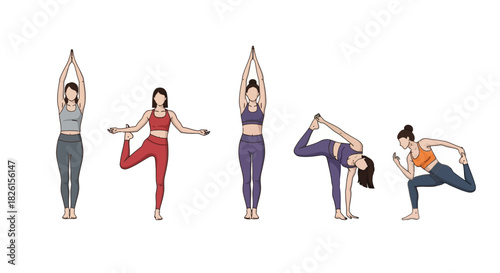 A set of vector illustrations showing various yoga poses for exercise and healthy lifestyle