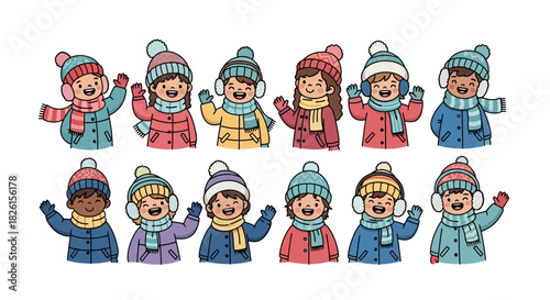 Delightful collection of children bundled in winter clothes waving hello, vector illustration