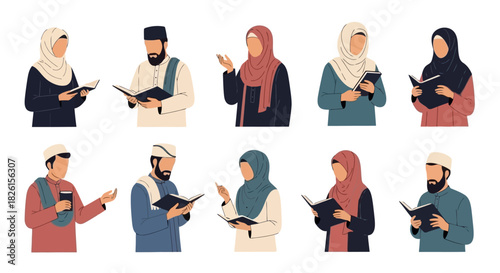 Diverse Muslim community reading holy book, cartoon people vector set, illustration.