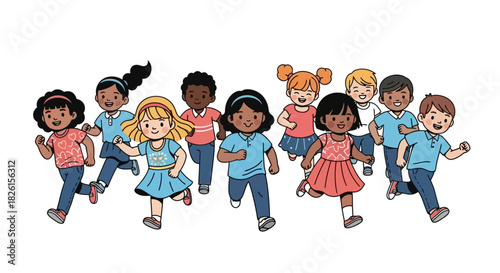 Diverse Group of Children Running and Playing Together Happily in a Vector Illustration