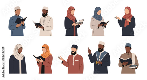 Diverse Muslim Community Vector Illustration Set: People Reading, Talking, and Learning