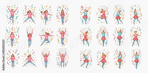 Collection of happy women and girls celebrating with confetti and streamers in various joyful poses.