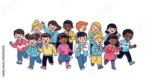 Enthusiastic Diverse Group of Children Running and Playing Together: Vector Illustration