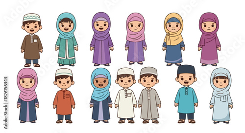 Diverse Muslim children cartoon vector illustration, featuring Islamic clothing and cute characters