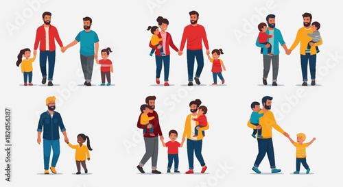 Diverse Fathers and Children Walking Together Holding Hands: Vector Illustration Set for Family