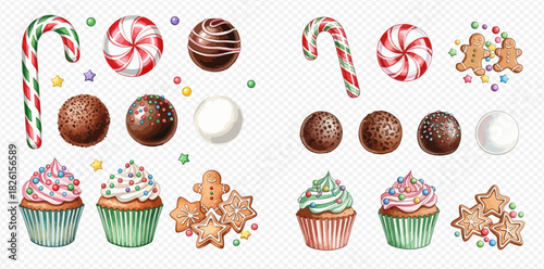 Watercolor illustration of various Christmas and holiday sweets including candy canes, truffles, cupcakes, and gingerbread cookies, perfect for festive designs.
