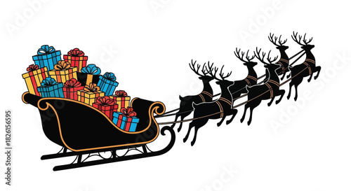 Classic black santas sleigh loaded with vibrant christmas gift boxes, pulled by a team of five reindeer