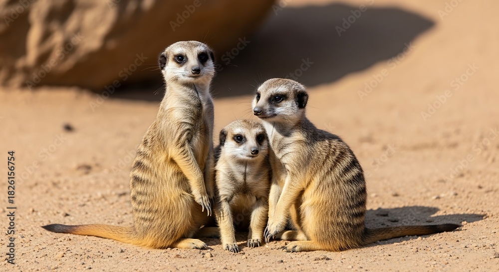 Fototapeta premium Family of Meerkats Standing Together in the Desert Sand with Sunny Day.