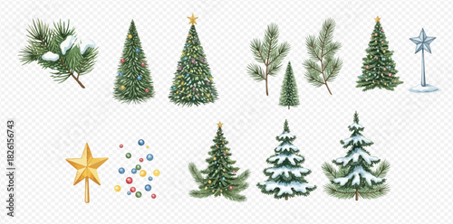 Collection of watercolor Christmas trees, pine branches, and festive decorations including star toppers and colorful baubles, isolated on transparent background.