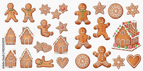 A collection of festive gingerbread cookies and houses, perfect for Christmas and holiday season decorations.