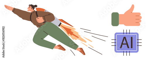 Enthusiastic individual flying with a jetpack, thumbs-up symbol for approval, and AI chip symbolizing technology and advancement. Ideal for innovation, progress, creativity, tech, motivation