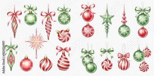 A collection of watercolor Christmas ornaments in red and green, featuring various shapes like balls, icicles, stars, and candy swirls, adorned with bows.