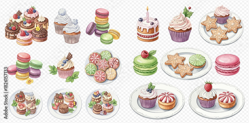 A delightful watercolor illustration set showcasing an assortment of sweet desserts, including colorful macarons, frosted cupcakes, decorated cookies, and small cakes.