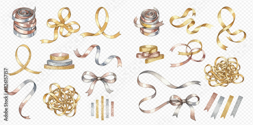 Watercolor illustration set of metallic gold, silver, and rose gold ribbons in various shapes and bows.