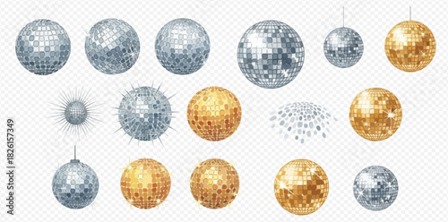 Realistic set of silver and golden disco balls with reflective facets and sparkling light effects, isolated on a transparent background, perfect for party and celebration designs.