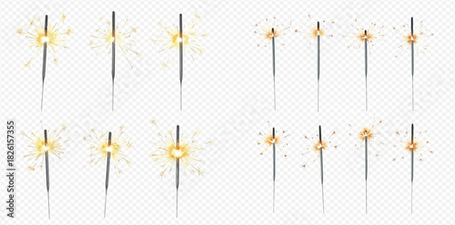 Set of realistic burning sparklers with bright golden sparks and glowing effects, isolated on a transparent background, perfect for festive celebrations.
