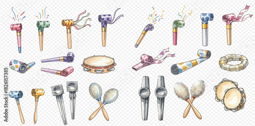 Vibrant watercolor collection of festive party noisemakers and musical instruments, including blowers, tambourines, and maracas.