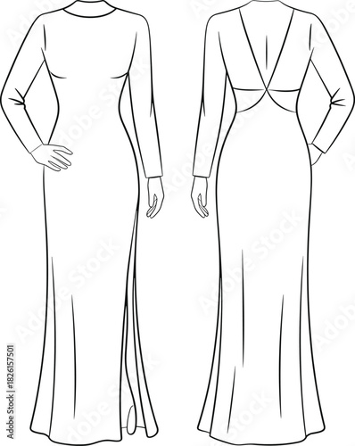 Elegant long-sleeve evening gown fashion flat sketch with side slit and low back design, female apparel technical drawing template for designers