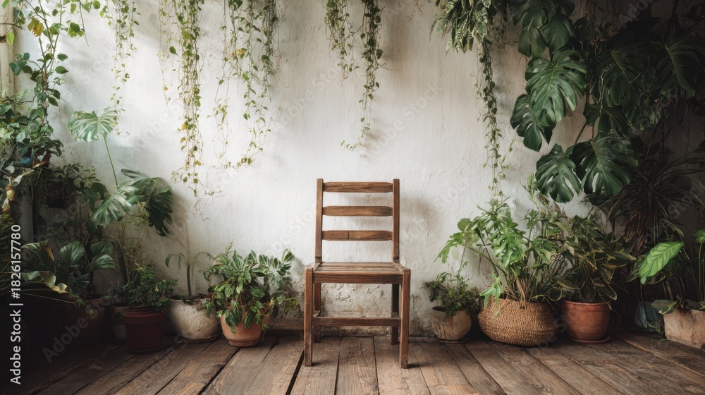 Obraz premium Wooden chair positioned in the corner of a room surrounded by lush green plants and natural light, creating a serene and inviting atmosphere for relaxation and contemplation