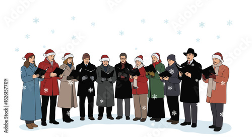 Christmas carolers singing holiday songs outdoors in falling snow