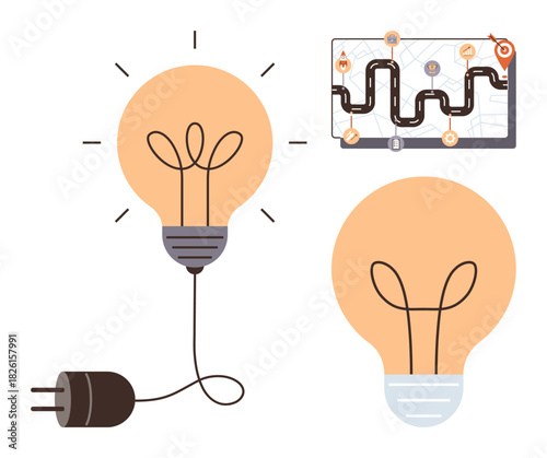 Light bulbs with a plug and mask symbolize energy, creativity, and safety. A roadmap with a path emphasizes navigation and strategy. Ideal for innovation, planning, resilience, energy, guidance