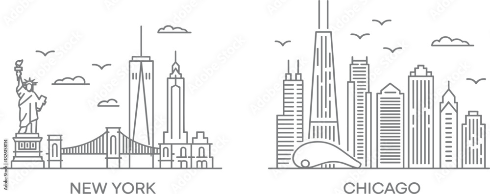 Naklejka premium New York and Chicago City Skyline Line Art, USA Urban Landscape Landmark Architecture Symbols, Minimalist Travel Vector Graphic Set
