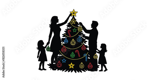 Family decorating christmas tree with colorful ornaments and a star top