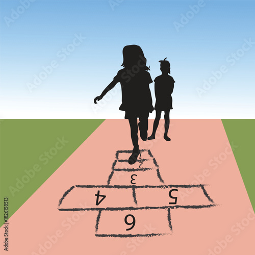 Two children playing hopscotch game silhouette vector illustration. Cheerful children playing hopscotch in the schoolyard.
