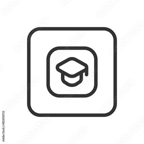 School, Learning Graduate Hat Square line icon – graduation cap inside square outline for academic achievement, education apps, certification UI