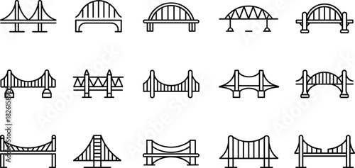 Set of Fifteen Bridge Architecture Line Icons, Construction Transportation Connection Symbols, Minimalist Engineering Infrastructure Outline Vector Graphic