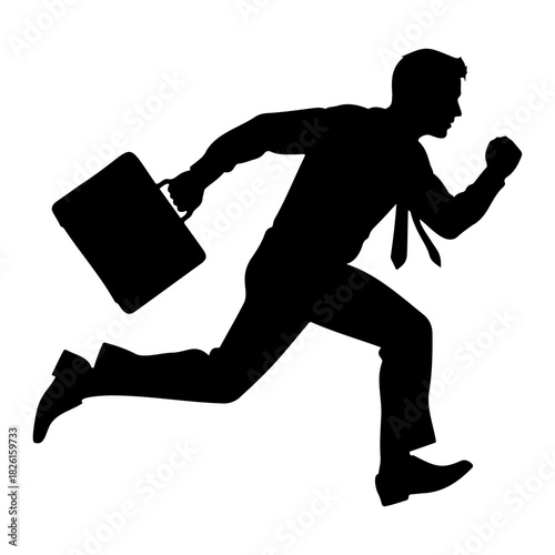 Silhouette of a businessman running with a briefcase on a white background