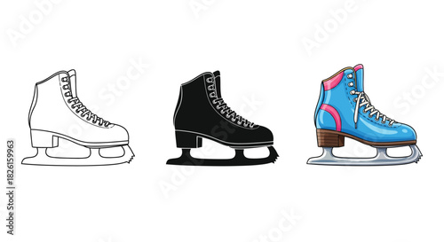 Three ice skates outline, black, and blue pink, for winter sport