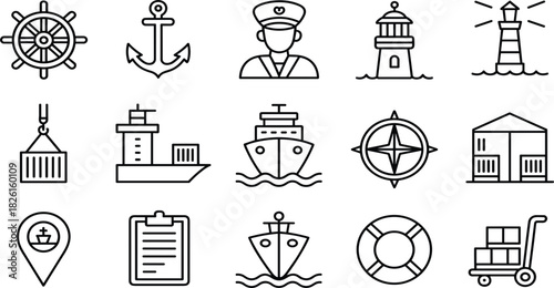 Set of Fifteen Maritime Shipping Line Icons, Logistics Cargo Port Transport Navigation Symbols, Simple Minimalist Outline Vector Graphic Collection
