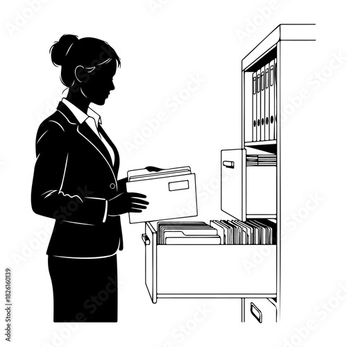 Silhouette of woman filing documents in filing cabinet in black and white