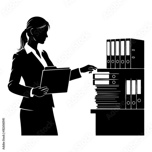 Silhouette of a woman in suit holding a folder near stacked binders shelf