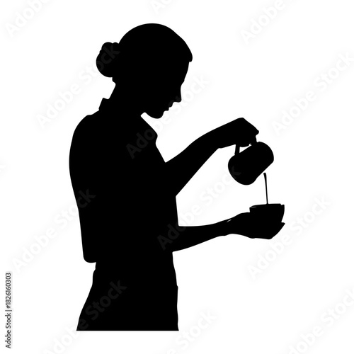 Silhouette of a woman pouring liquid from a pitcher into a small cup
