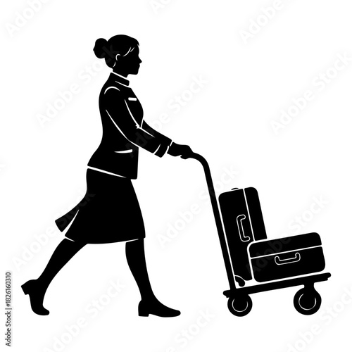 Silhouette of a bellhop pushing luggage on a cart in black and white