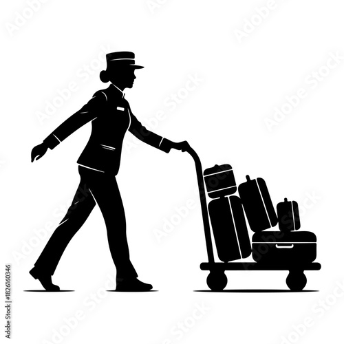 Silhouette of a woman pushing a luggage cart with two suitcases on it