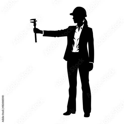 Silhouette of engineer woman holding caliper wearing hard hat and suit